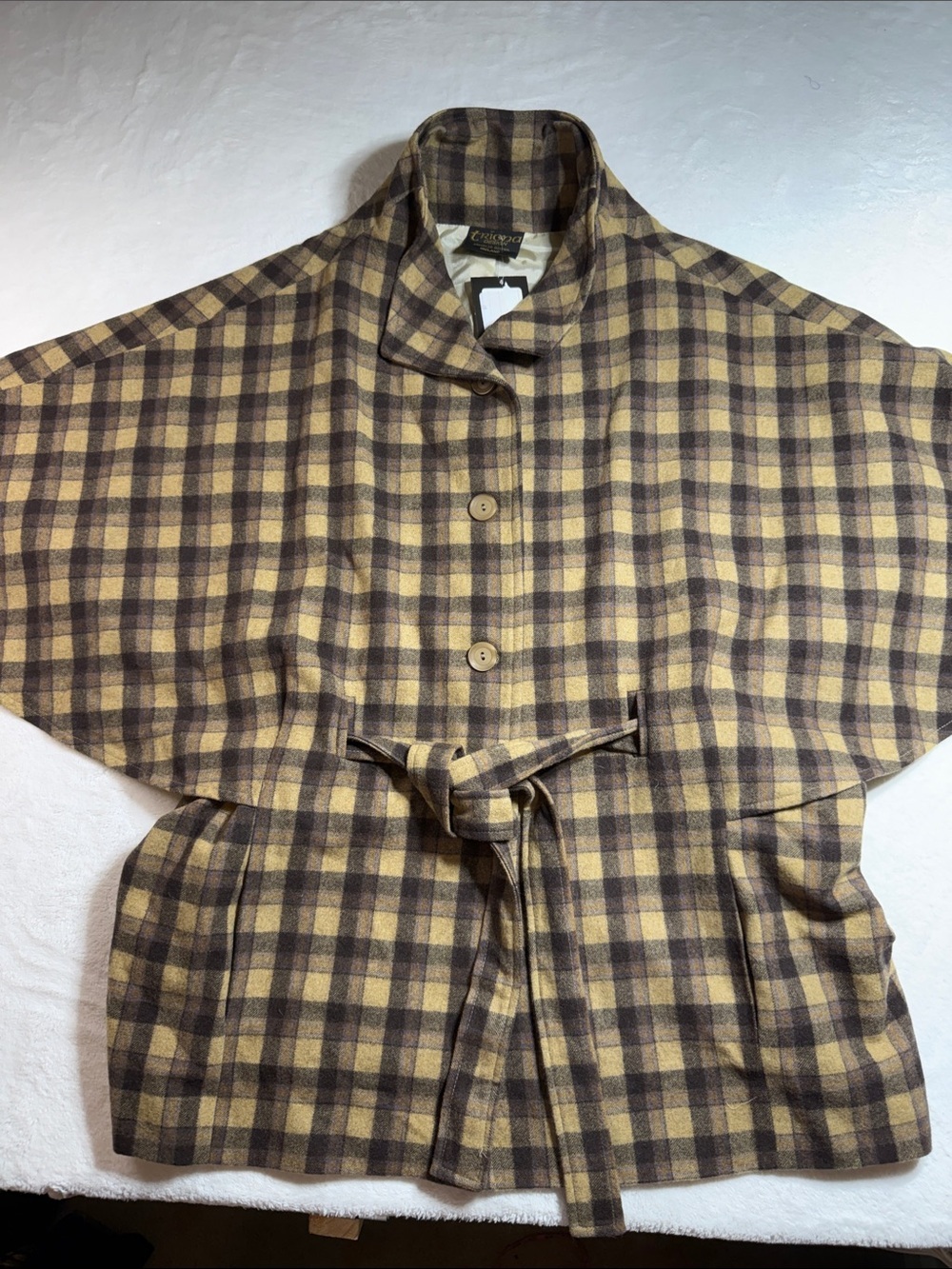 New Triona Design Ireland Plaid Wool Cape Jacket in Brown and Tan